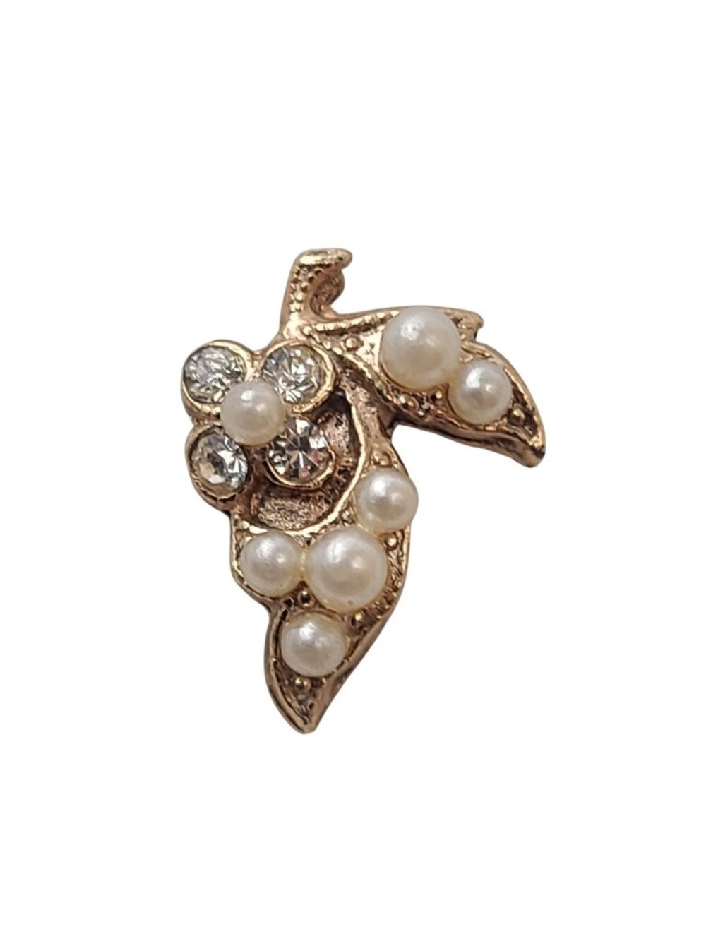 Faux Pearl Grape Cluster Lapel Pin Tie Tack Gold Tone Rhinestone Leaf